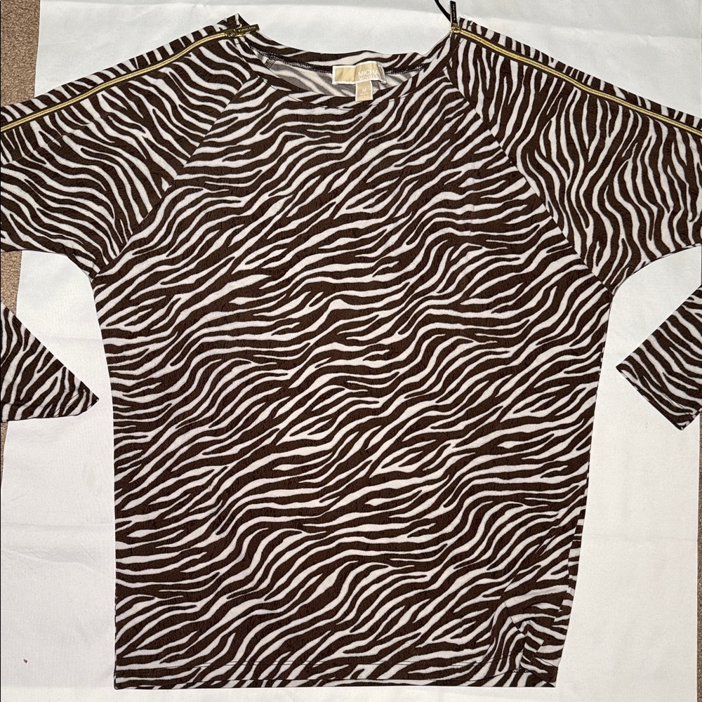 Michael Kors Brown and White Zebra-Print Knit Top with Shoulder Zip Detail